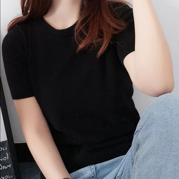 NEW Black Cashmere Crewneck Short Sleeve Top - Picture 6 of 6